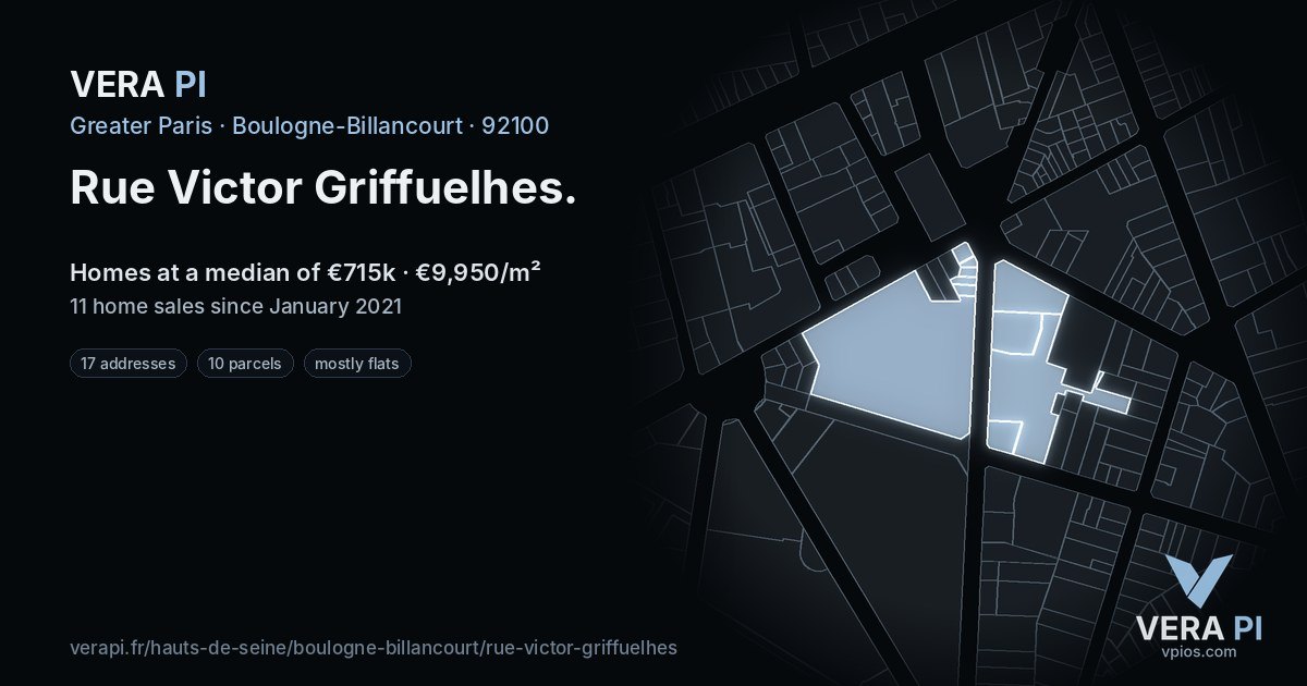 Rue Victor Griffuelhes, Boulogne-Billancourt at night – every parcel coloured by the prices around it, the street's own parcels lit