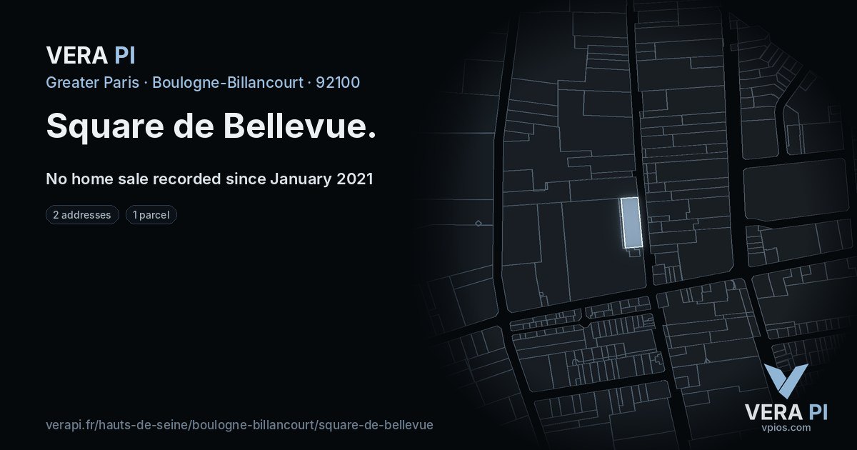 Square de Bellevue, Boulogne-Billancourt at night – every parcel coloured by the prices around it, the street's own parcels lit