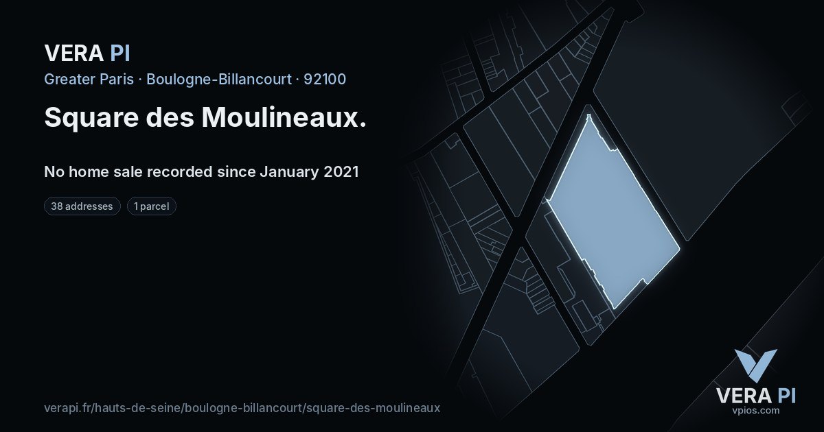 Square des Moulineaux, Boulogne-Billancourt at night – every parcel coloured by the prices around it, the street's own parcels lit