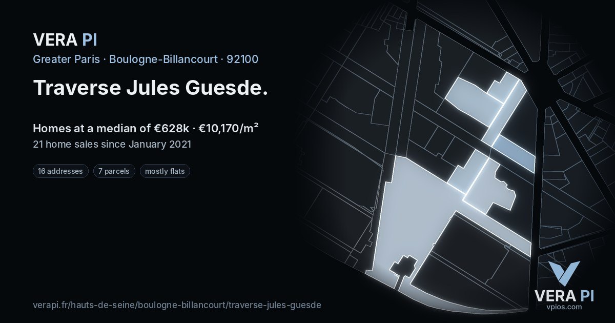Traverse Jules Guesde, Boulogne-Billancourt at night – every parcel coloured by the prices around it, the street's own parcels lit