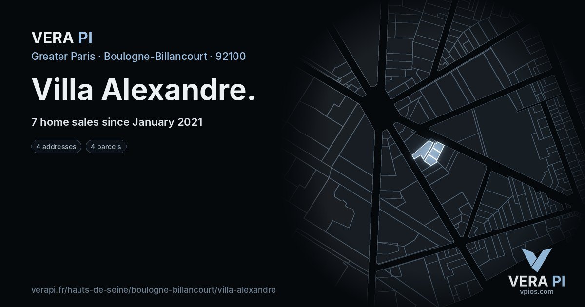 Villa Alexandre, Boulogne-Billancourt at night – every parcel coloured by the prices around it, the street's own parcels lit