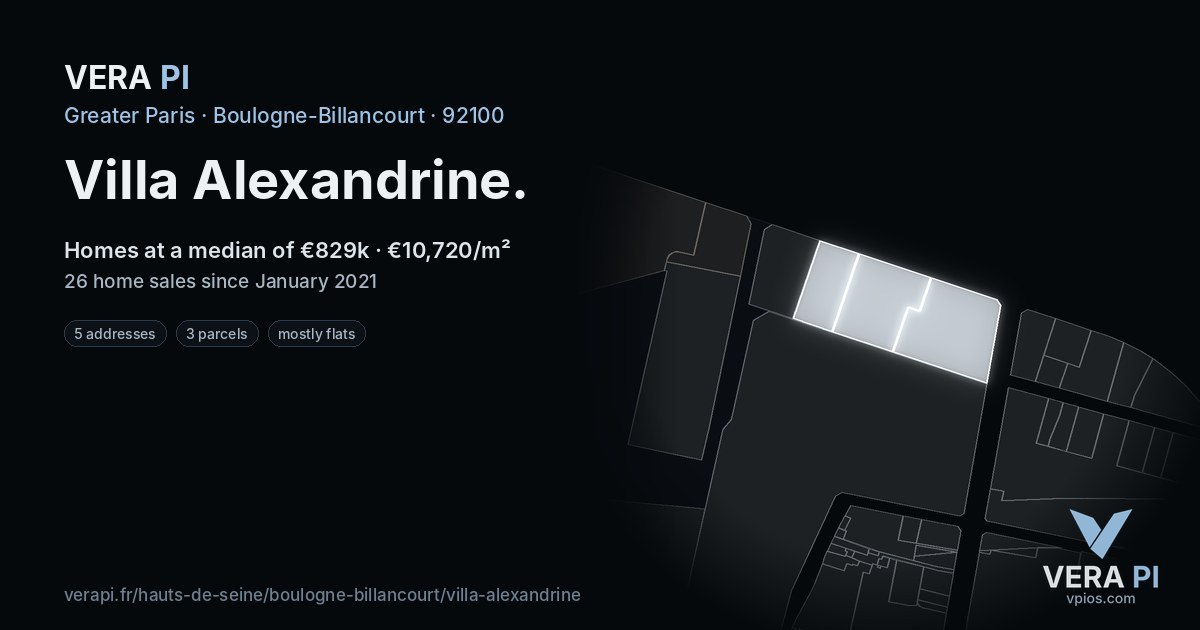 Villa Alexandrine, Boulogne-Billancourt at night – every parcel coloured by the prices around it, the street's own parcels lit