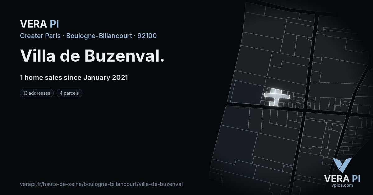 Villa de Buzenval, Boulogne-Billancourt at night – every parcel coloured by the prices around it, the street's own parcels lit