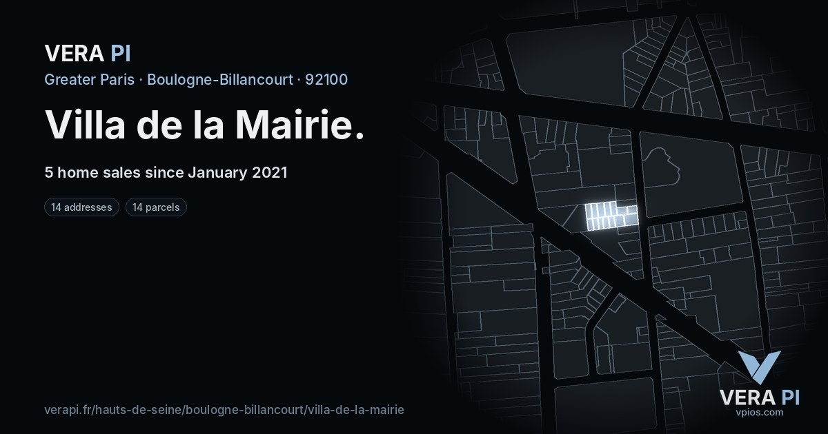 Villa de la Mairie, Boulogne-Billancourt at night – every parcel coloured by the prices around it, the street's own parcels lit