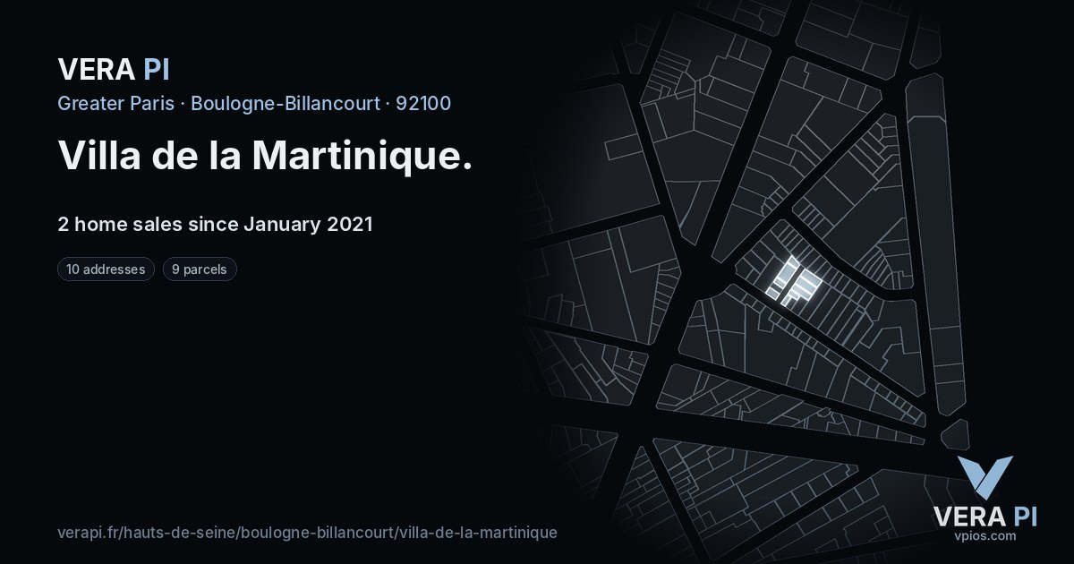 Villa de la Martinique, Boulogne-Billancourt at night – every parcel coloured by the prices around it, the street's own parcels lit