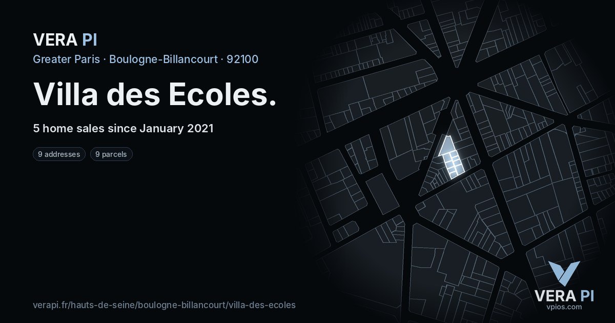 Villa des Ecoles, Boulogne-Billancourt at night – every parcel coloured by the prices around it, the street's own parcels lit