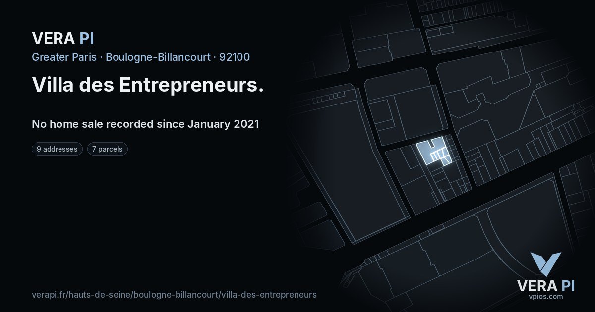 Villa des Entrepreneurs, Boulogne-Billancourt at night – every parcel coloured by the prices around it, the street's own parcels lit