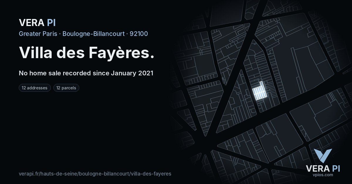 Villa des Fayères, Boulogne-Billancourt at night – every parcel coloured by the prices around it, the street's own parcels lit