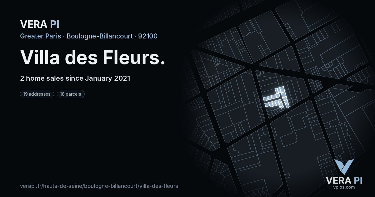 Villa des Fleurs, Boulogne-Billancourt at night – every parcel coloured by the prices around it, the street's own parcels lit