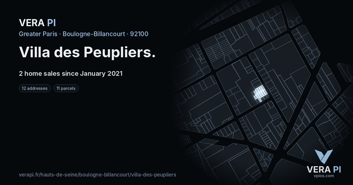 Villa des Peupliers, Boulogne-Billancourt at night – every parcel coloured by the prices around it, the street's own parcels lit