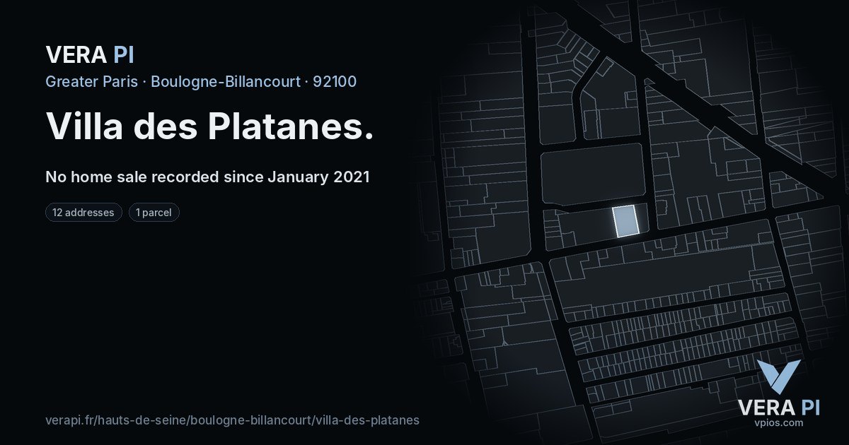 Villa des Platanes, Boulogne-Billancourt at night – every parcel coloured by the prices around it, the street's own parcels lit