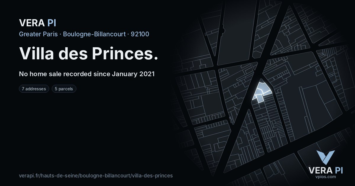 Villa des Princes, Boulogne-Billancourt at night – every parcel coloured by the prices around it, the street's own parcels lit
