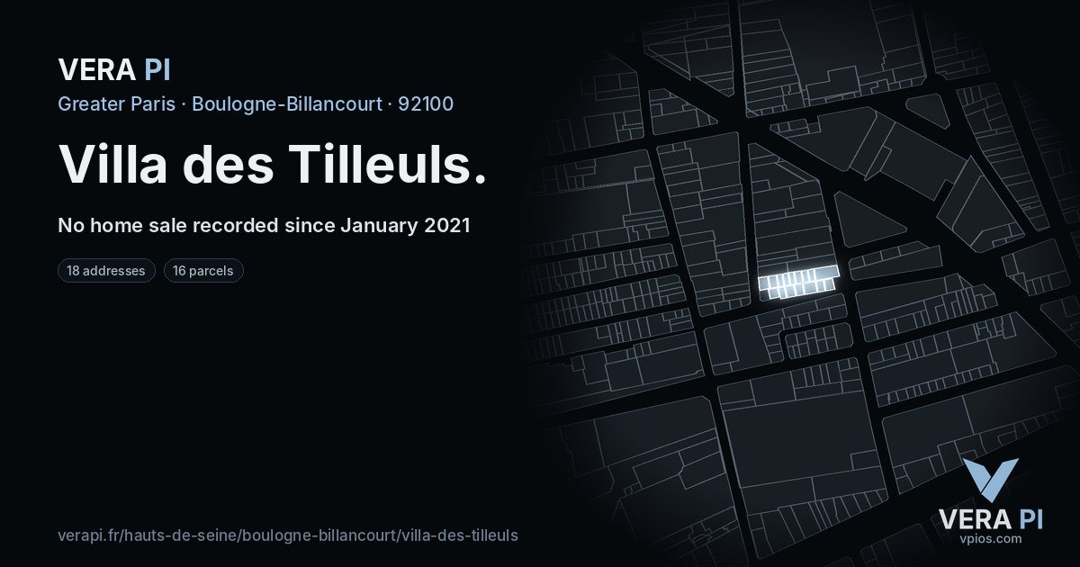 Villa des Tilleuls, Boulogne-Billancourt at night – every parcel coloured by the prices around it, the street's own parcels lit