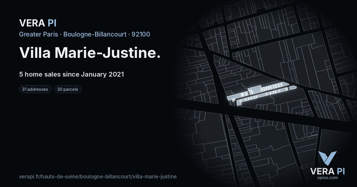 Villa Marie-Justine, Boulogne-Billancourt at night – every parcel coloured by the prices around it, the street's own parcels lit