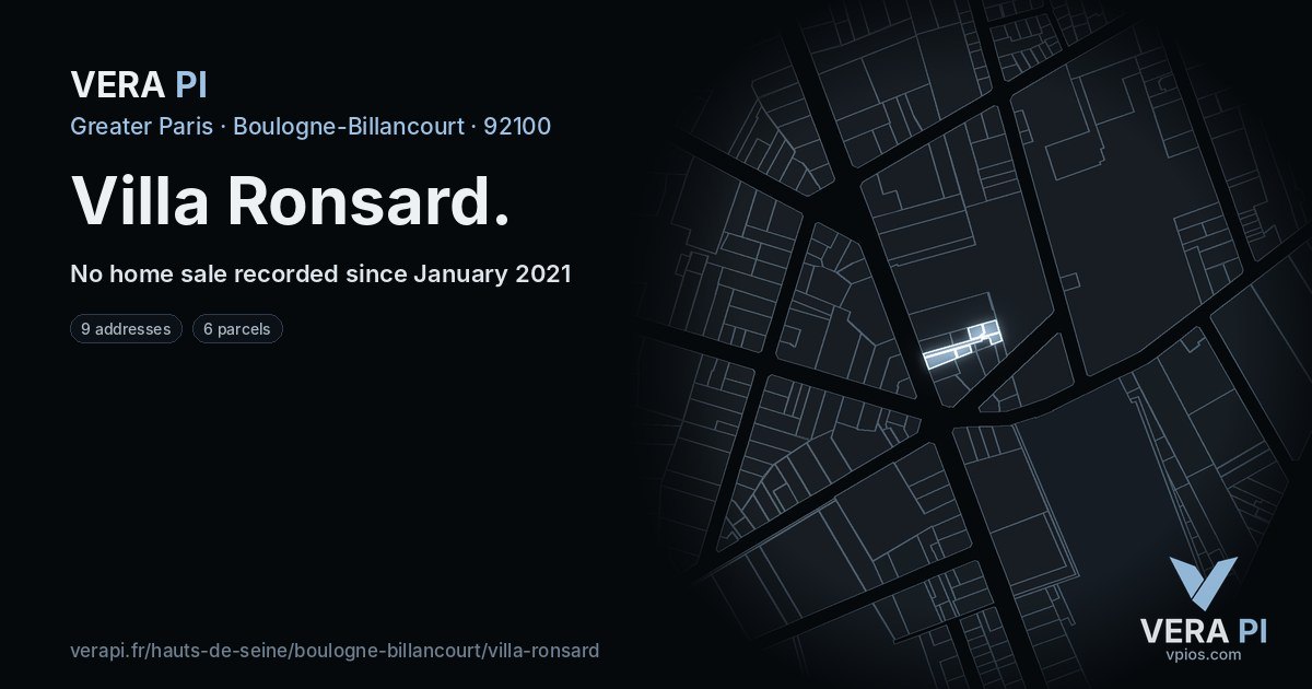 Villa Ronsard, Boulogne-Billancourt at night – every parcel coloured by the prices around it, the street's own parcels lit