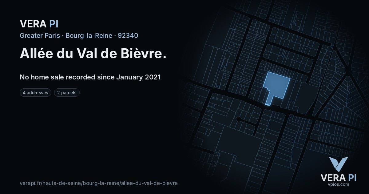 Allée du Val de Bièvre, Bourg-la-Reine at night – every parcel coloured by the prices around it, the street's own parcels lit