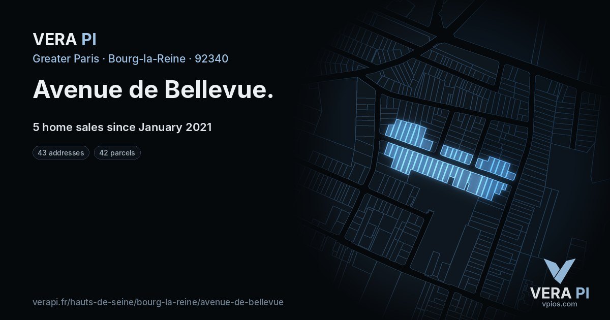 Avenue de Bellevue, Bourg-la-Reine at night – every parcel coloured by the prices around it, the street's own parcels lit