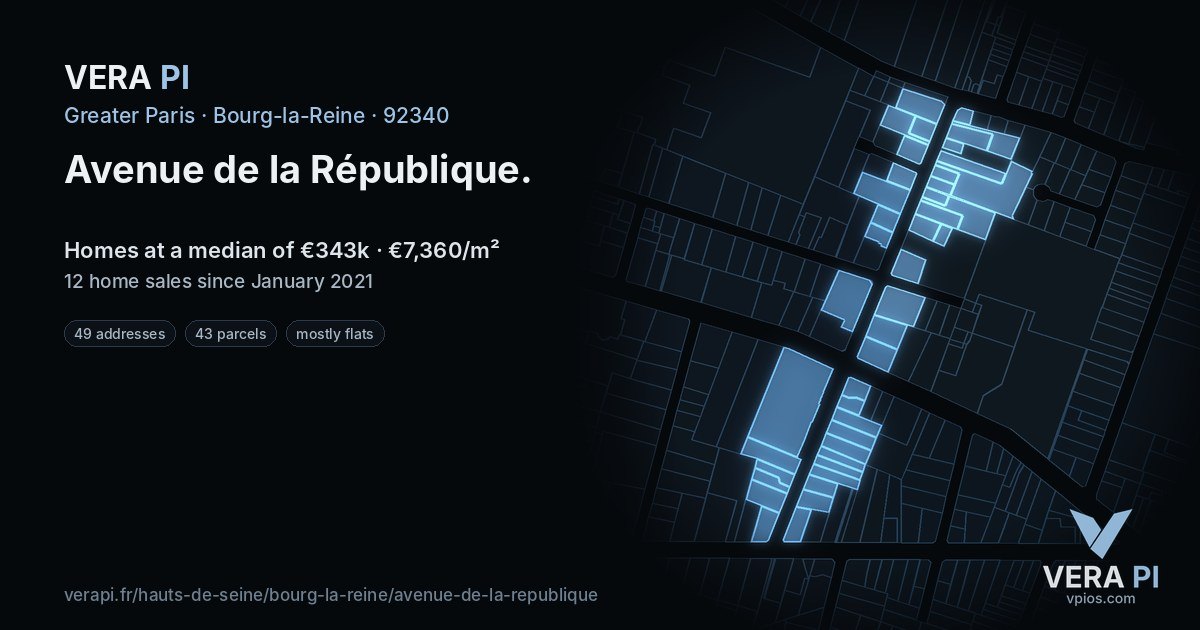 Avenue de la République, Bourg-la-Reine at night – every parcel coloured by the prices around it, the street's own parcels lit