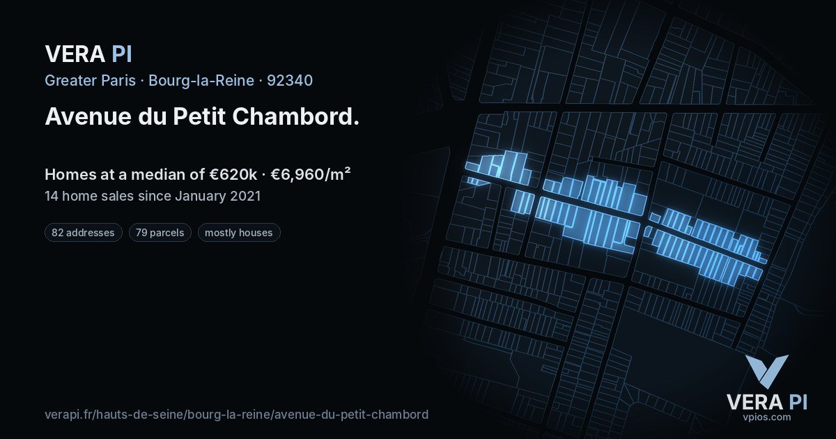 Avenue du Petit Chambord, Bourg-la-Reine at night – every parcel coloured by the prices around it, the street's own parcels lit