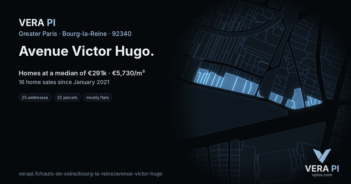 Avenue Victor Hugo, Bourg-la-Reine at night – every parcel coloured by the prices around it, the street's own parcels lit