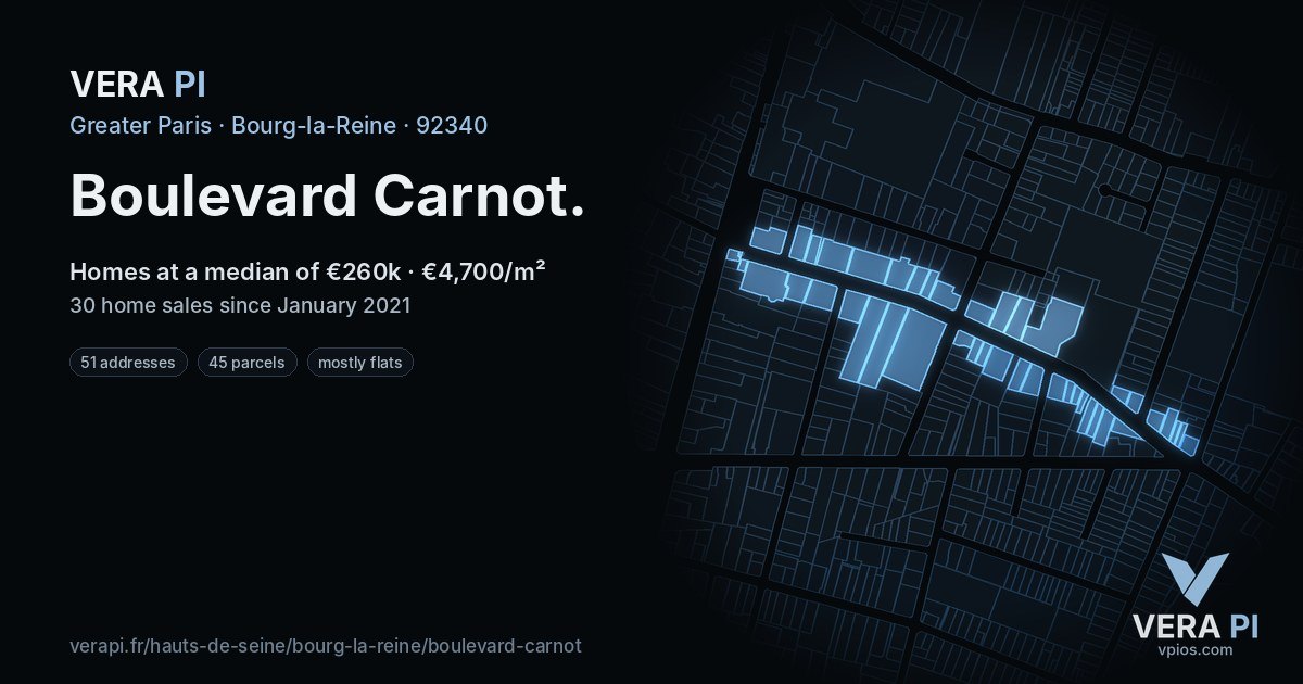Boulevard Carnot, Bourg-la-Reine at night – every parcel coloured by the prices around it, the street's own parcels lit