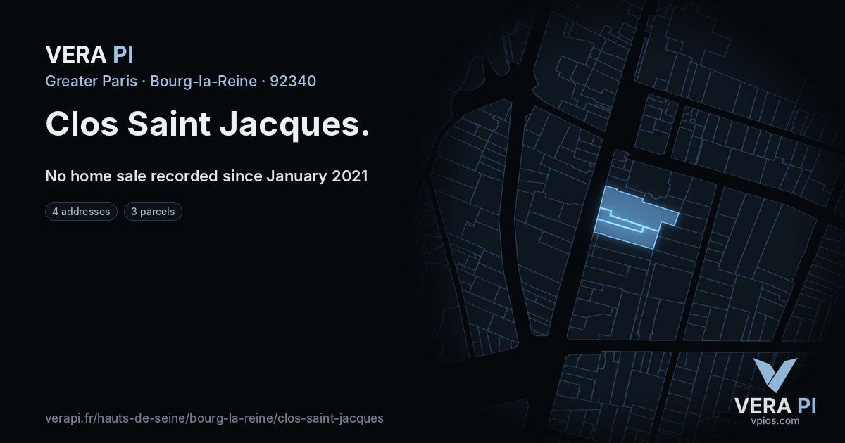 Clos Saint Jacques, Bourg-la-Reine at night – every parcel coloured by the prices around it, the street's own parcels lit