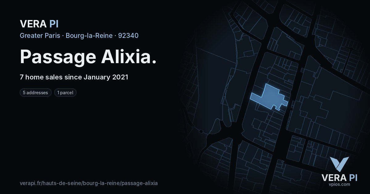 Passage Alixia, Bourg-la-Reine at night – every parcel coloured by the prices around it, the street's own parcels lit