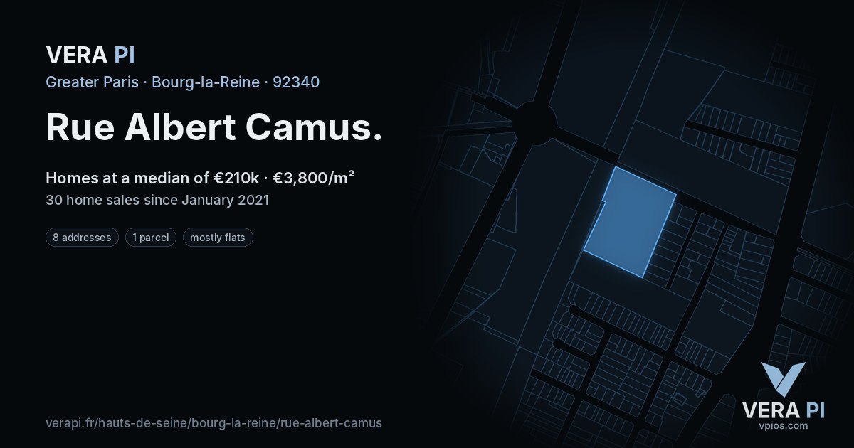 Rue Albert Camus, Bourg-la-Reine at night – every parcel coloured by the prices around it, the street's own parcels lit