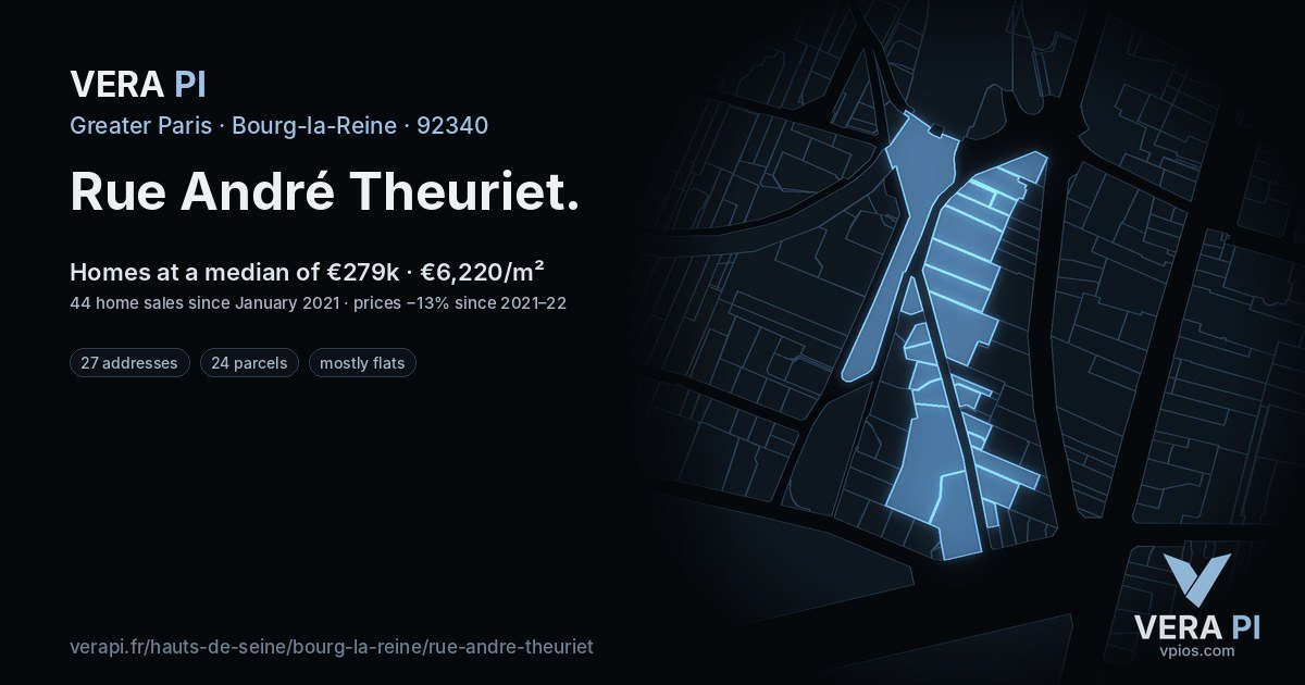 Rue André Theuriet, Bourg-la-Reine at night – every parcel coloured by the prices around it, the street's own parcels lit