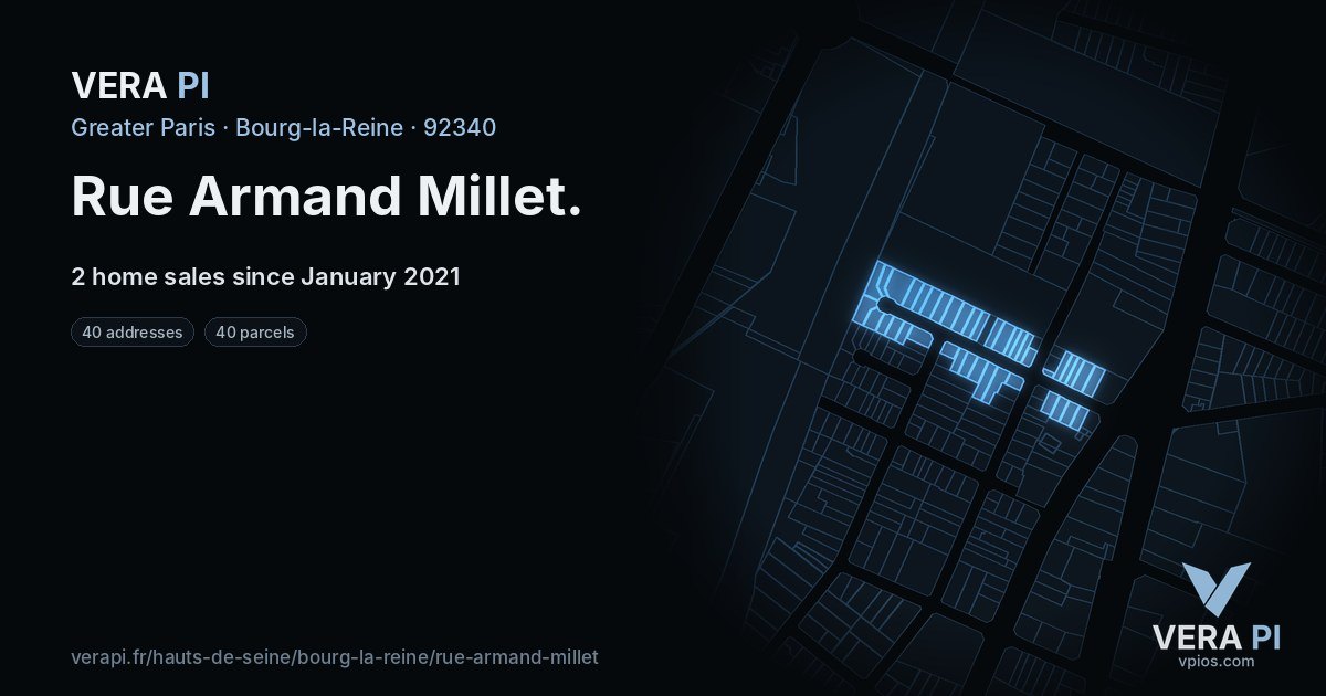 Rue Armand Millet, Bourg-la-Reine at night – every parcel coloured by the prices around it, the street's own parcels lit