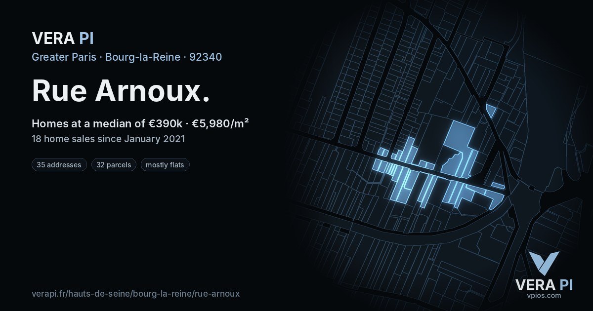 Rue Arnoux, Bourg-la-Reine at night – every parcel coloured by the prices around it, the street's own parcels lit
