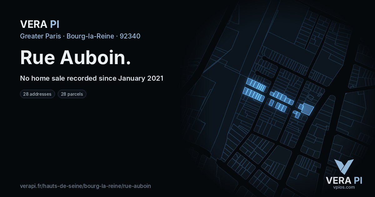 Rue Auboin, Bourg-la-Reine at night – every parcel coloured by the prices around it, the street's own parcels lit