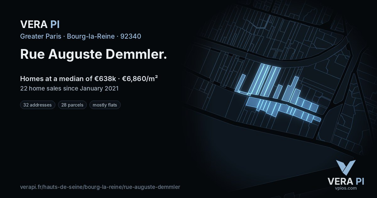 Rue Auguste Demmler, Bourg-la-Reine at night – every parcel coloured by the prices around it, the street's own parcels lit