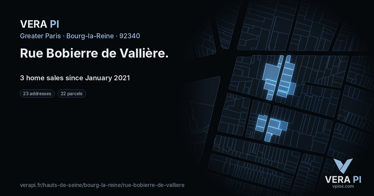 Rue Bobierre de Vallière, Bourg-la-Reine at night – every parcel coloured by the prices around it, the street's own parcels lit