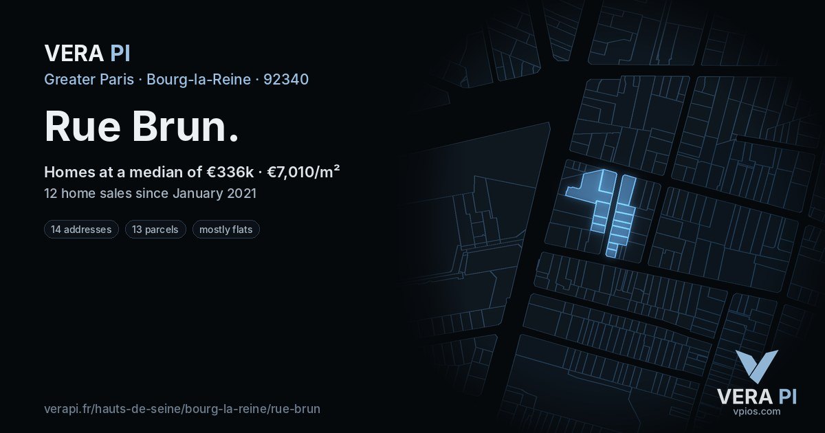 Rue Brun, Bourg-la-Reine at night – every parcel coloured by the prices around it, the street's own parcels lit