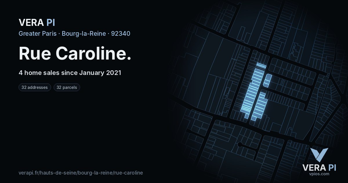 Rue Caroline, Bourg-la-Reine at night – every parcel coloured by the prices around it, the street's own parcels lit