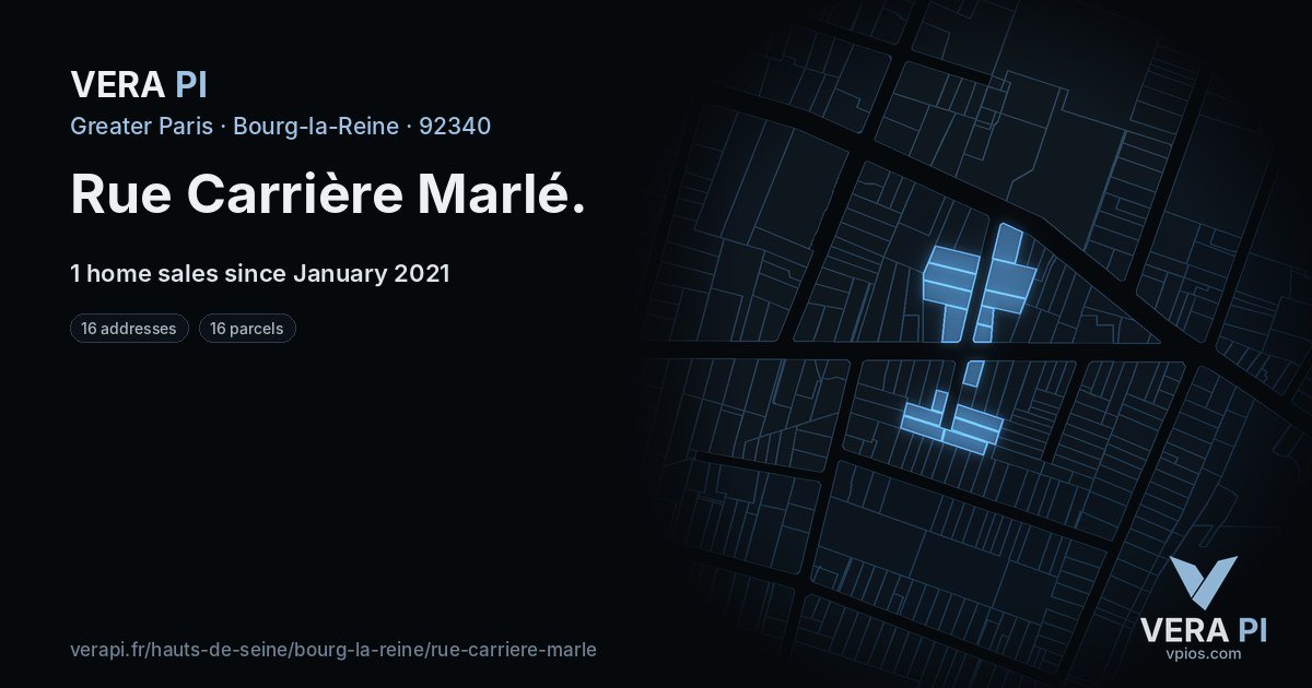 Rue Carrière Marlé, Bourg-la-Reine at night – every parcel coloured by the prices around it, the street's own parcels lit