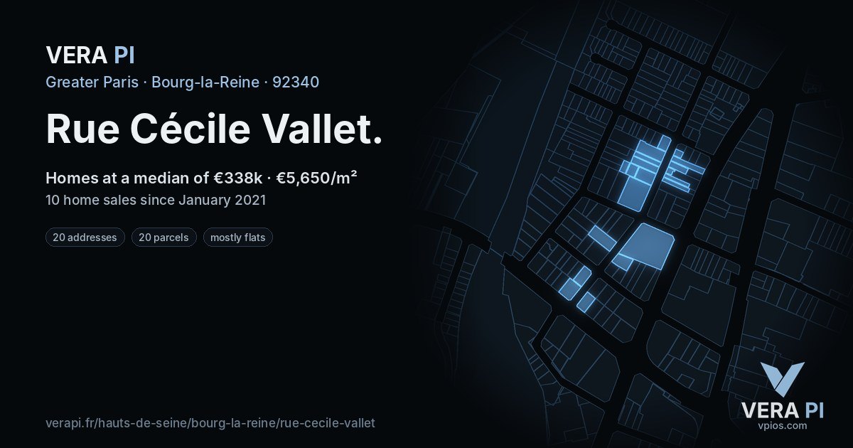 Rue Cécile Vallet, Bourg-la-Reine at night – every parcel coloured by the prices around it, the street's own parcels lit