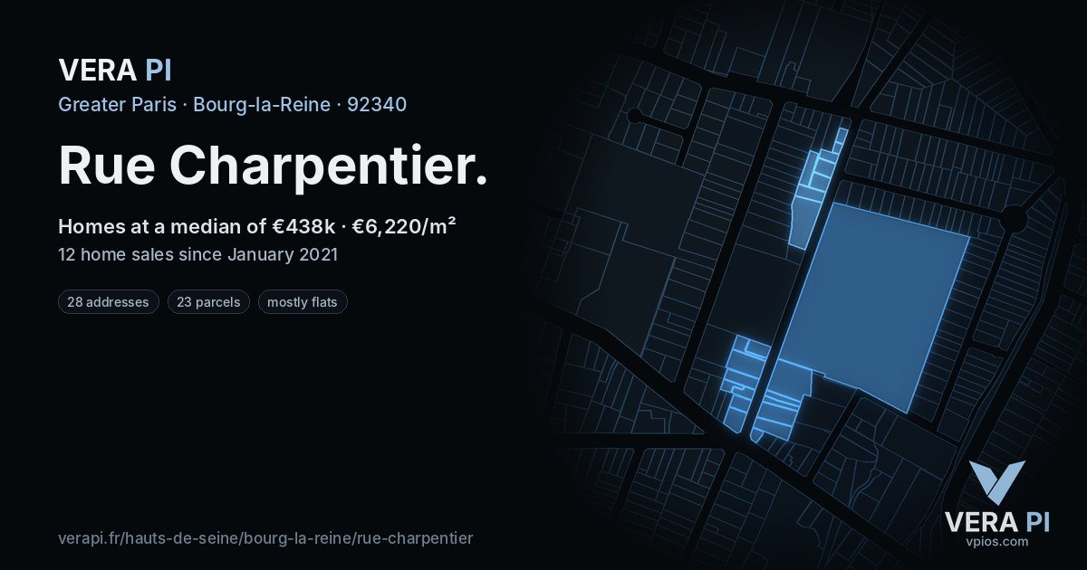 Rue Charpentier, Bourg-la-Reine at night – every parcel coloured by the prices around it, the street's own parcels lit