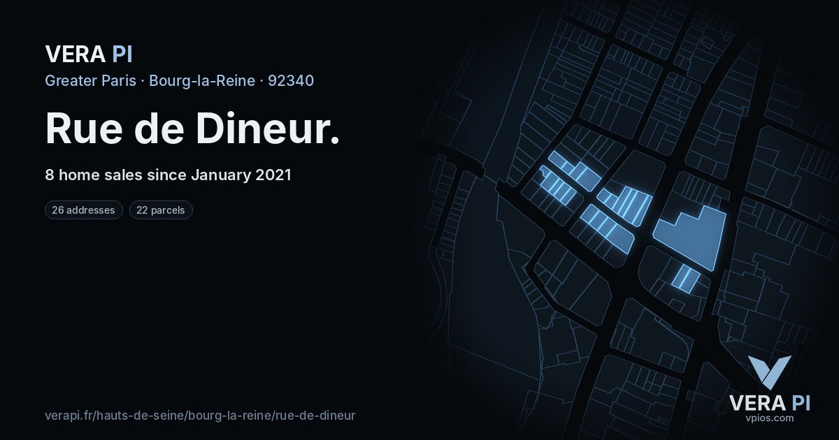 Rue de Dineur, Bourg-la-Reine at night – every parcel coloured by the prices around it, the street's own parcels lit