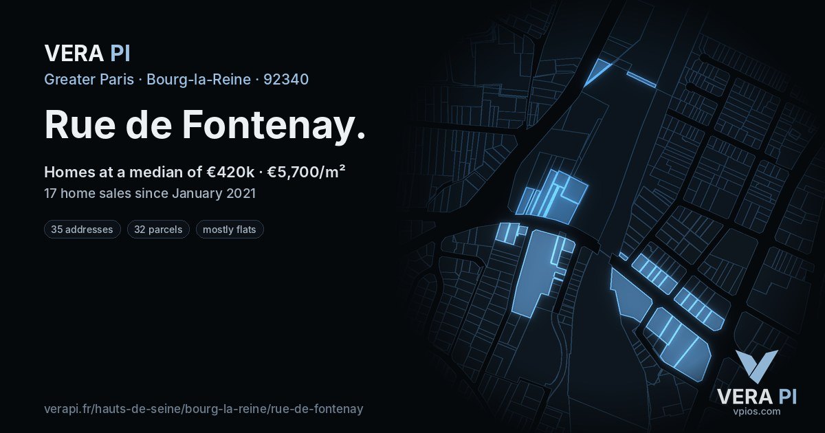 Rue de Fontenay, Bourg-la-Reine at night – every parcel coloured by the prices around it, the street's own parcels lit