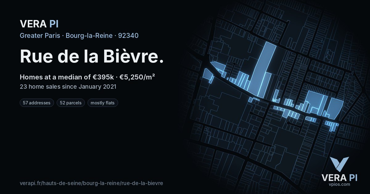 Rue de la Bièvre, Bourg-la-Reine at night – every parcel coloured by the prices around it, the street's own parcels lit