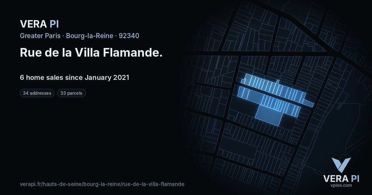 Rue de la Villa Flamande, Bourg-la-Reine at night – every parcel coloured by the prices around it, the street's own parcels lit