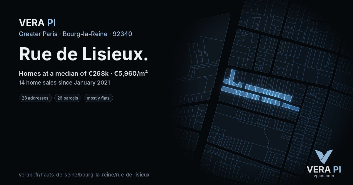 Rue de Lisieux, Bourg-la-Reine at night – every parcel coloured by the prices around it, the street's own parcels lit