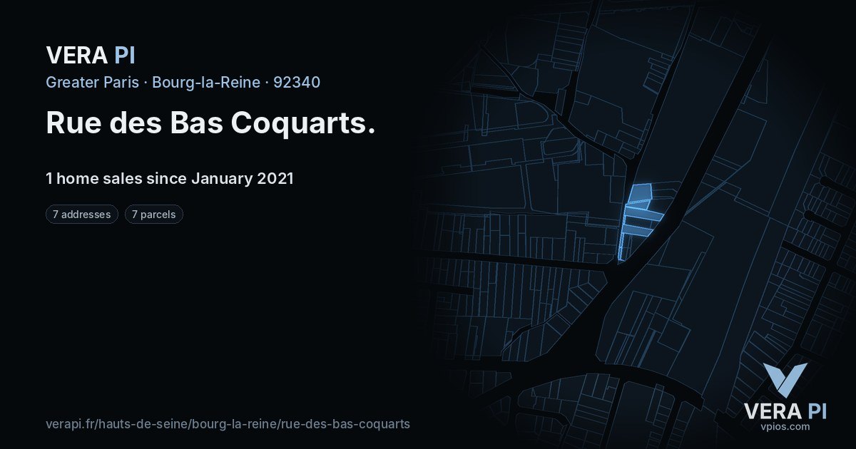 Rue des Bas Coquarts, Bourg-la-Reine at night – every parcel coloured by the prices around it, the street's own parcels lit