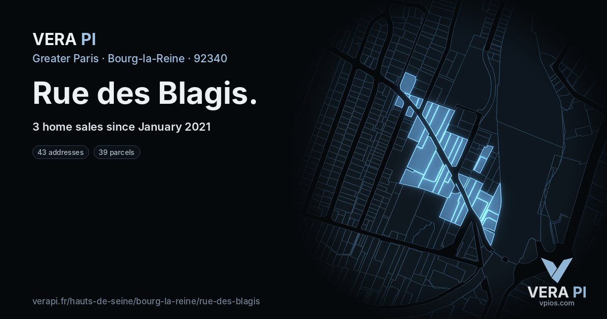 Rue des Blagis, Bourg-la-Reine at night – every parcel coloured by the prices around it, the street's own parcels lit