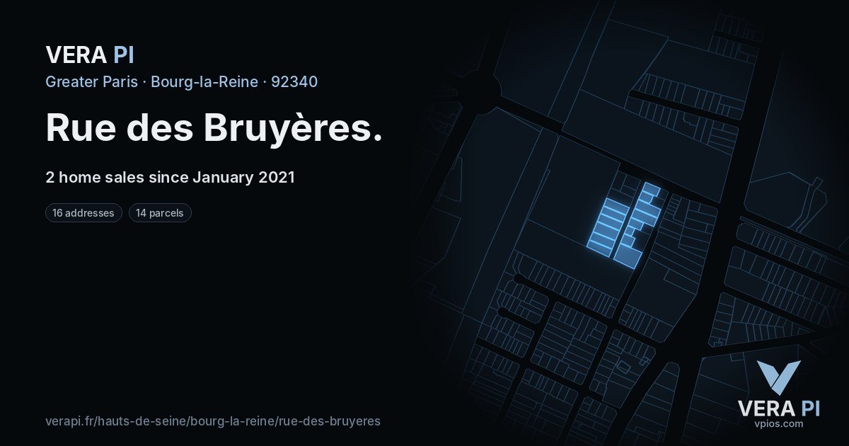 Rue des Bruyères, Bourg-la-Reine at night – every parcel coloured by the prices around it, the street's own parcels lit