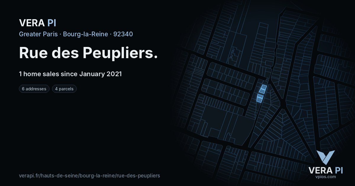Rue des Peupliers, Bourg-la-Reine at night – every parcel coloured by the prices around it, the street's own parcels lit