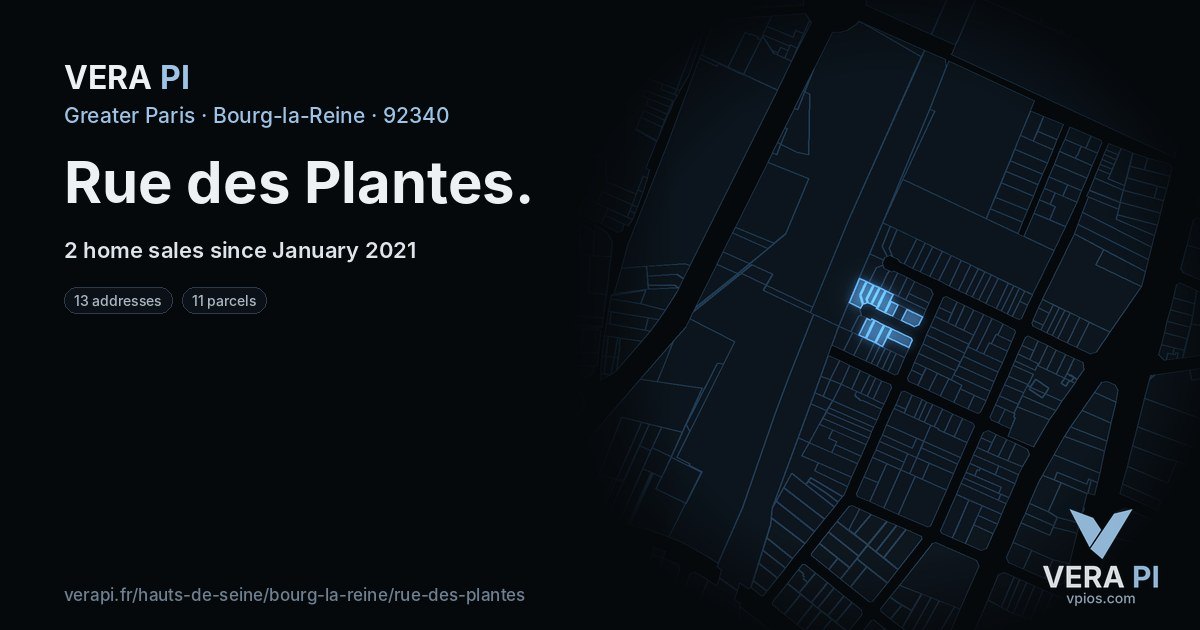 Rue des Plantes, Bourg-la-Reine at night – every parcel coloured by the prices around it, the street's own parcels lit