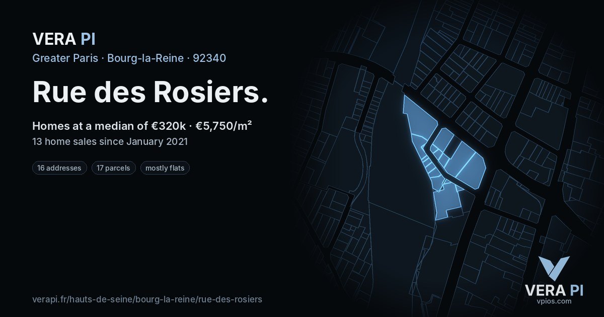 Rue des Rosiers, Bourg-la-Reine at night – every parcel coloured by the prices around it, the street's own parcels lit
